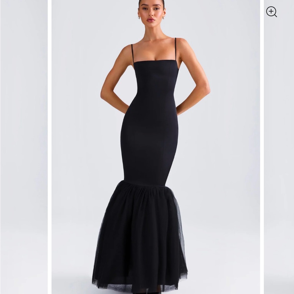 Oh Polly ADELPHA Tulle Hem Fishtail Gown in Black